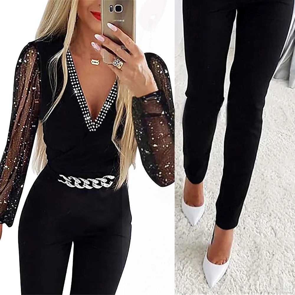 Womens jumpsuit one Vneck full sleeves tight fitting waist casual jacket long pencil pants slim fit 241209