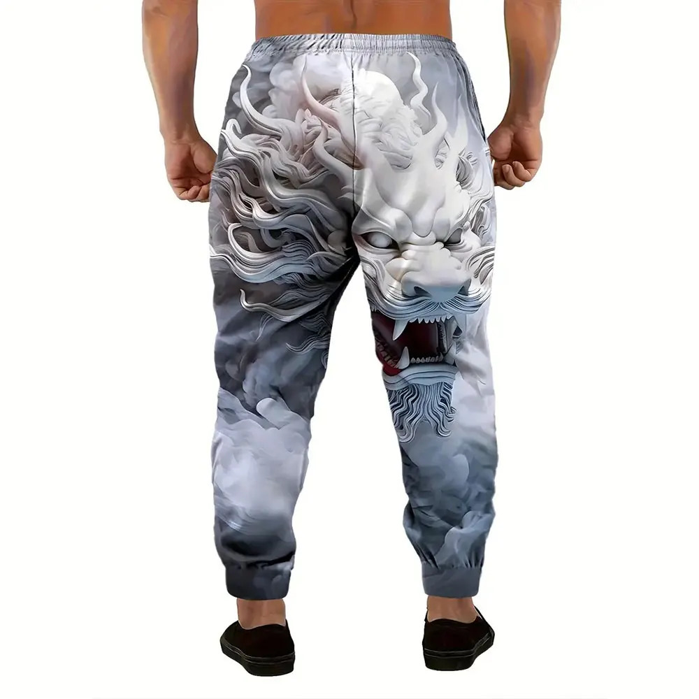 Mens Large Size Loose Pocket Draw Rope Sports Sweatpants Winter Thick Warm Fashion Dragon Print 241203Z