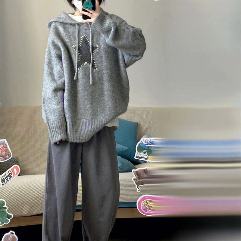 Autumn and Winter New Hooded Knitted Hoodie Loose American Retro Lazy Style Long Sleeve Star Sweater Women's Top