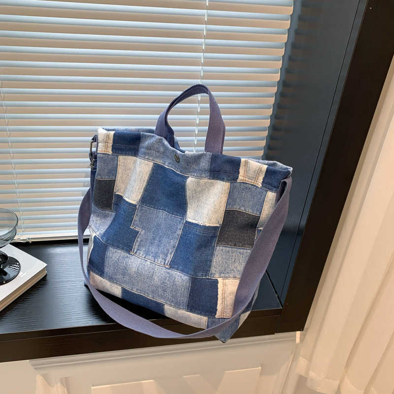 Splicing contrasting denim canvas large capacity bag women fashion tote bag shopping bag 241215