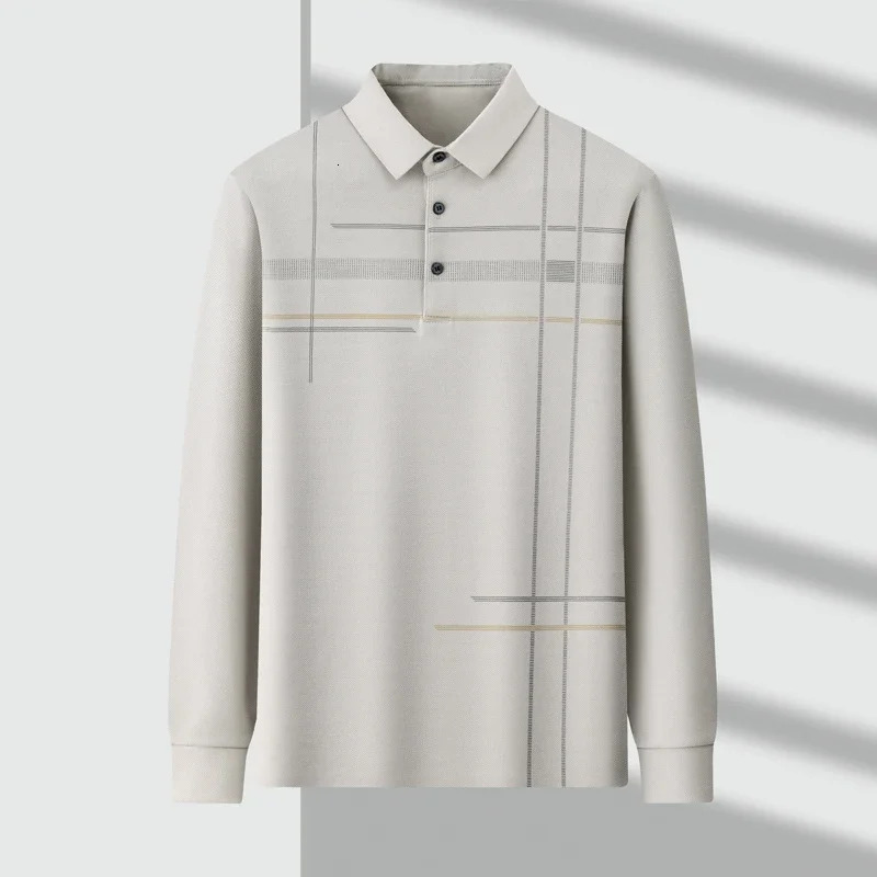 Mens Business Casual Long Sleeved Printed Polo Shirt Fashionable Breathable Comfortable Versatile Top for All Seasons 241202