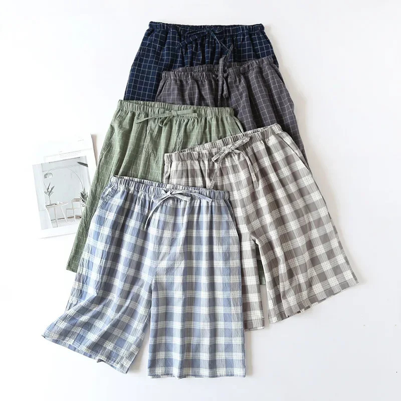 Flat weave n pajamas mens shorts summer thin cotton loose doublelayer casual wear wearing checkered Pj pants 241209