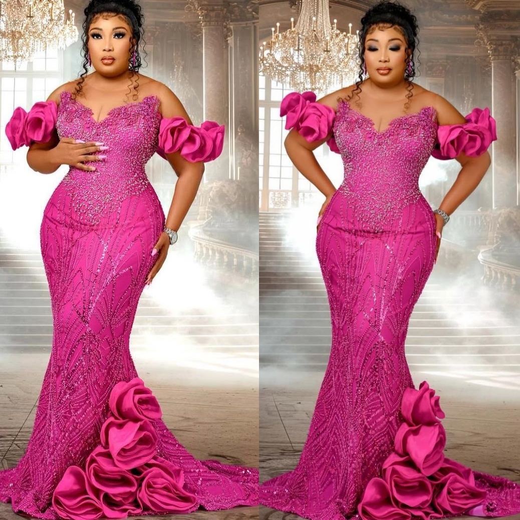 Fuchsia Mermaid Prom Dresses 2025 Sequined Sheer Neck Rhinestones Evening Formal Party Second Birthday Engagement Gowns Plus Size Dress For Special Oc