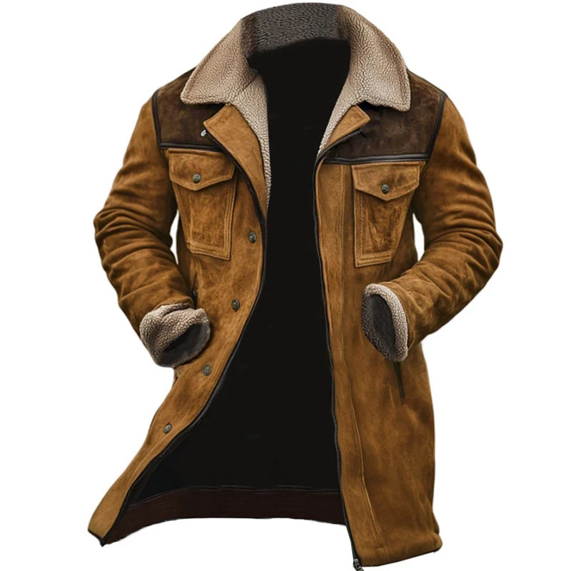 Classic Patchwork Lapel Wool Long Coats Men Vintage Turndown Collar Buttoned Jacket Coat For Mens Winter Casual Loose Outerwear 241209