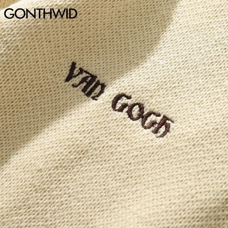 GONTHWID Van Gogh Sleeve Patchwork Pullover Knit Sweater Mens Hip Hop Embroidery Crewneck Knitwear Sweaters Streetwear Tops 241209