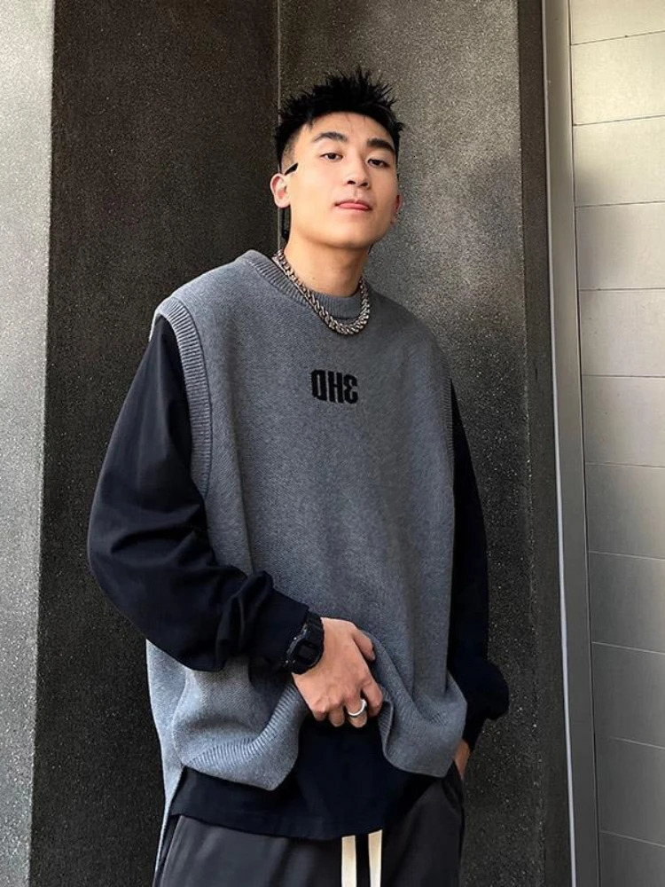 Knitted Sweaters for Men Crewneck Sleeveless Letter Man Clothes Round Collar Waistcoat Vest Aesthetic Meme Y2k Vintage Classic S 241209