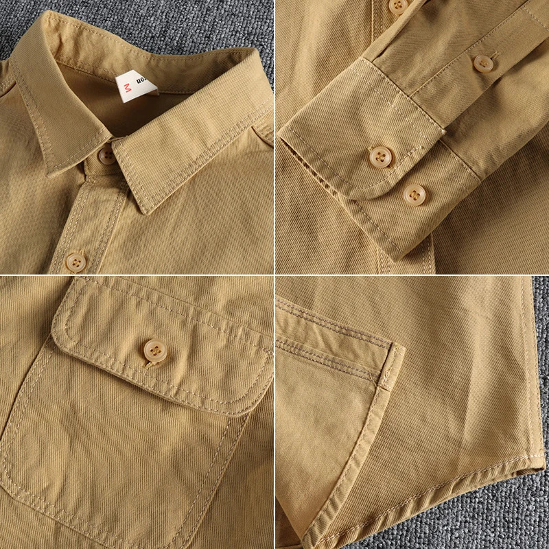 Autumn American Retro Twill Knitted Goods Shirt Mens Fashion Pure Cotton Washed Old Long Sleeve Double Pocket Casual Top 241209