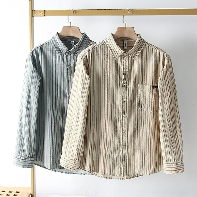 Autumn mens hiphop Corduroy striped shirt college retro casual loose long sleeved top Y2K streetwear 241209