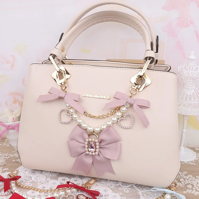 Handmade Japanese mineral cute bead pearl bow rhinestone chain Itabag bag charm cute handbag pendant accessories 241205