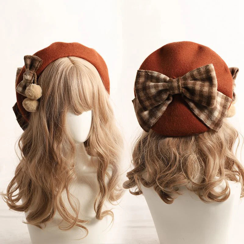 Japanese style handmade Lolita girl French beret girl warm wool painter hat womens classic bow beret elegant JK hat 241209