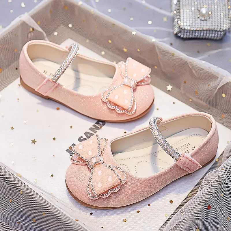 Pink Glass slipper Bows Rhinestone Girls Princess Shoes For Wedding Par Kids Leather Shoes Children Dance Performance ShoesXJ241209