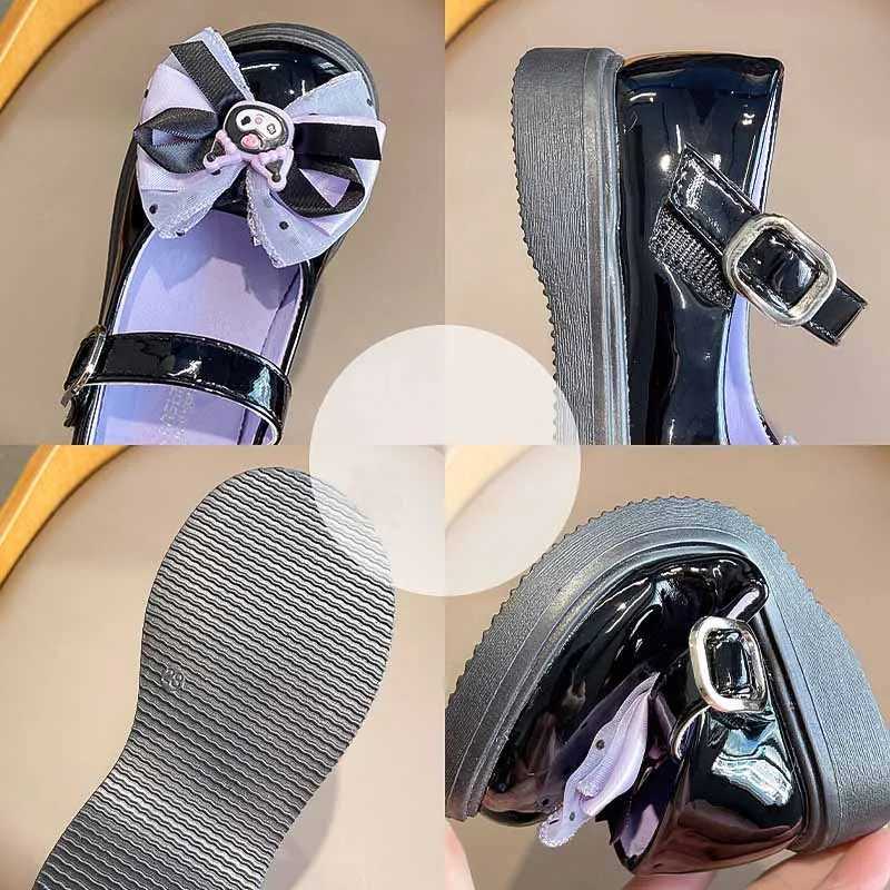 Girls Fashion Kuromi Leather Shoes Bow Childrens Princess Shoes Baby Kids Soft Soled Single Shoes Flat ShoesXJ241209