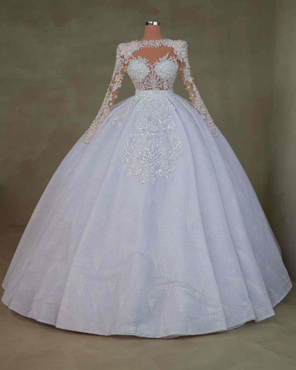 O-neck Long Sleeve Dress Sequins Appliques Wedding Gown Dubai Sweep Train Bride Robe Customized Vestido De Novia