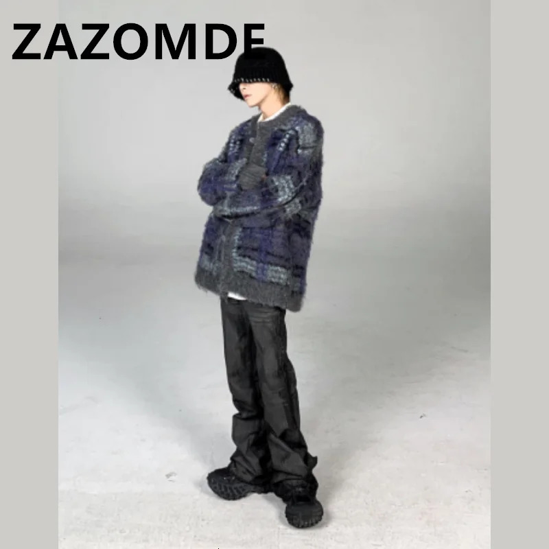 ZAZOMDE Wihter retro striped green cardigan sweater mens high street oversized button jumper Harajuku loose hip-hop knit top 241205