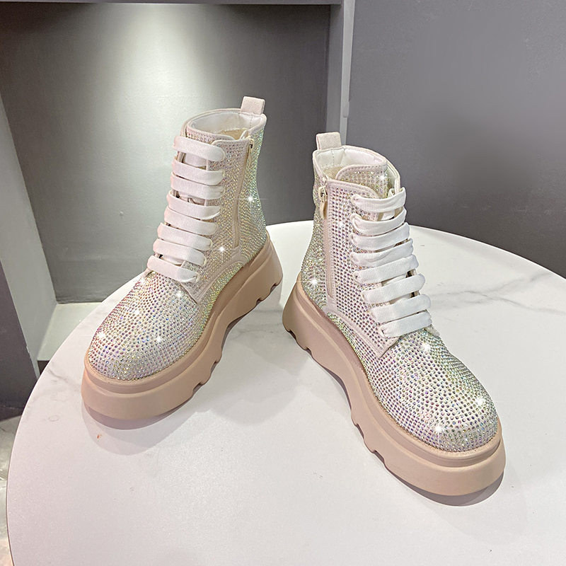 2025 Spring Autumn Thick Bottom Crystal Boots Fashion Shining Crystal Motorcycle Boots Women's Luxury rhinestone Modern Boots Full Diamond Design