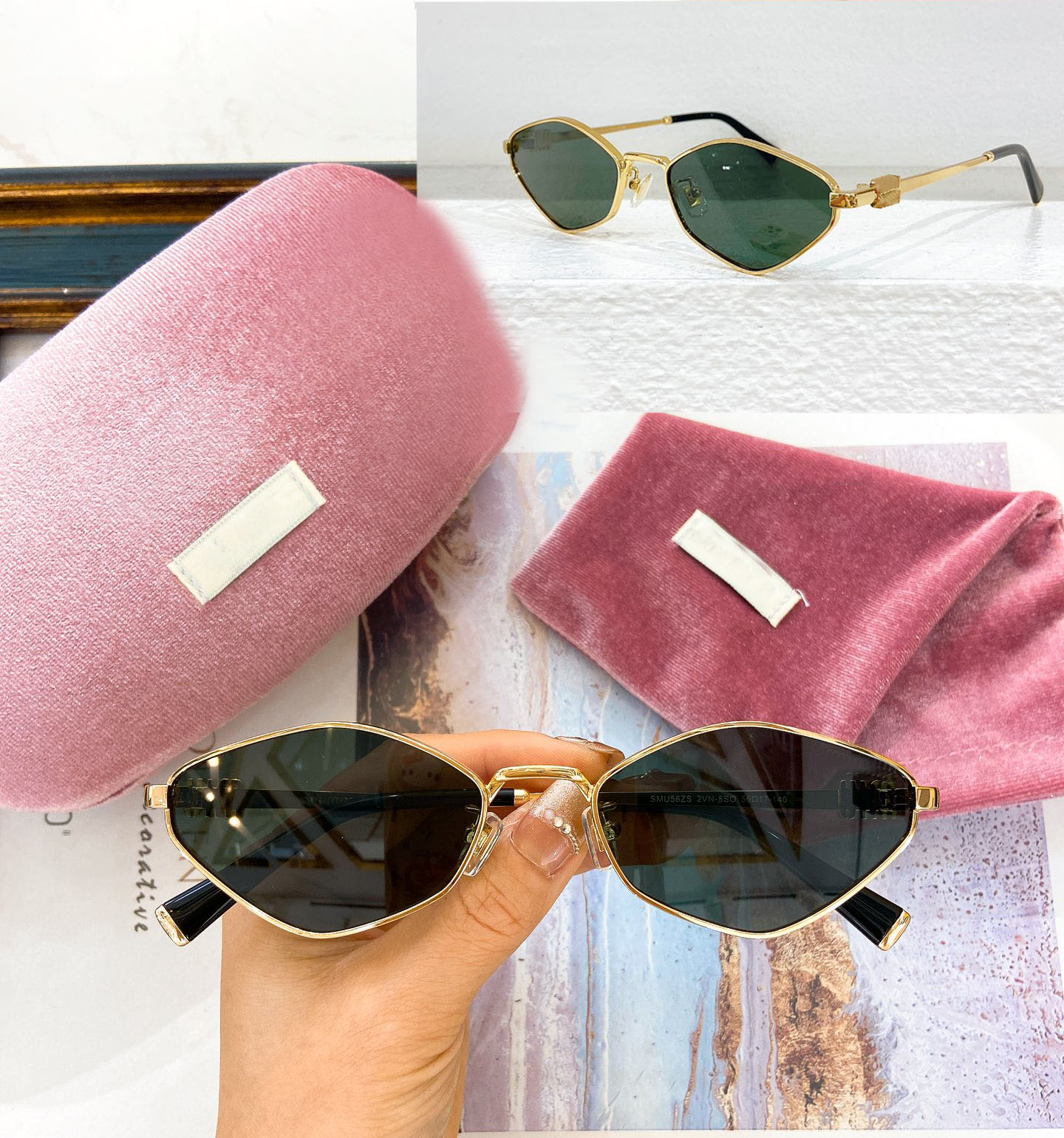 10A designer sunglasses Women polygon Frame Metal Mirror Legs Green Lens High quality Sunglasses Vintage glasses Sexy Little Women Fashion Luxury Glasses