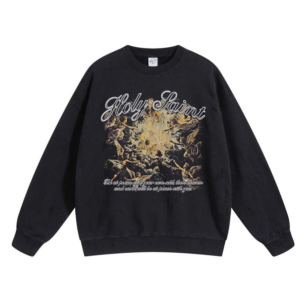 2024 New Street Trendy Brand Retro Printed for Men, 430g Grinding Edge, Broken Hole, Washed Water to Make Old Round Neck Men's Hoodie