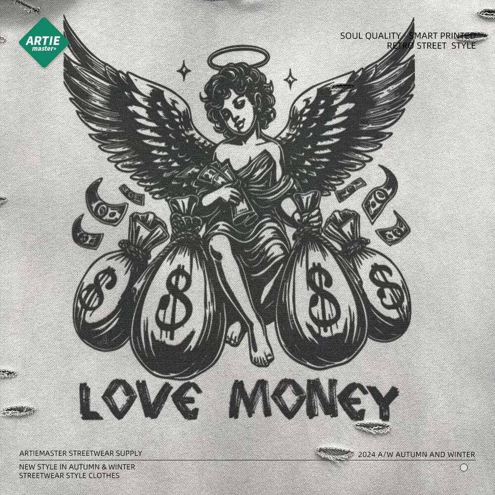 2024 autumn irregular hole frayed edge vintage spray horse chesut print 450G hooded street fashion retro men's and women's hoodie