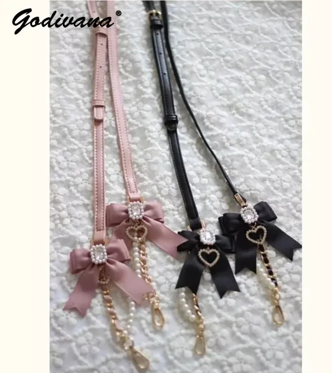 Handmade Japanese Liz Fashion Adjustable Pu Leather Phone Horizontal Chain Pearl Bow Gemstone Cute Bag Chain Cute Bag Accessories 241205