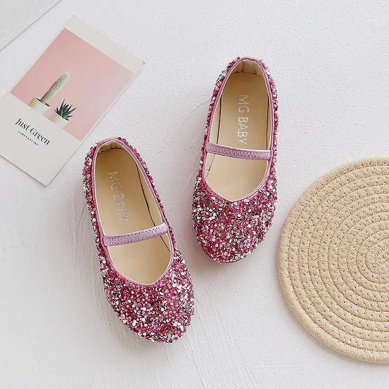 Autumn Girls Princess Shoes Sequin Children Performance Beau Pointed Toe Teen Girl Bling Wedding Ballet Flats Leather ShoesXJ241209