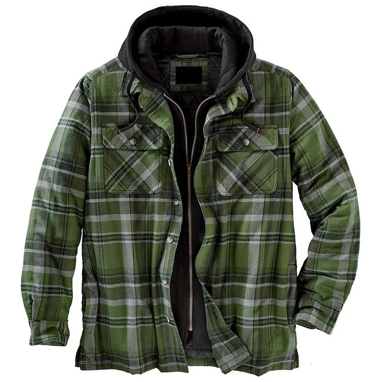 Winter Hooded Jackets Mens Flannel Shirt Jacket with Quilted Lined Long Sleeve Plaid Cotton Coats Outdoor Windbreaker Male Tops 241209