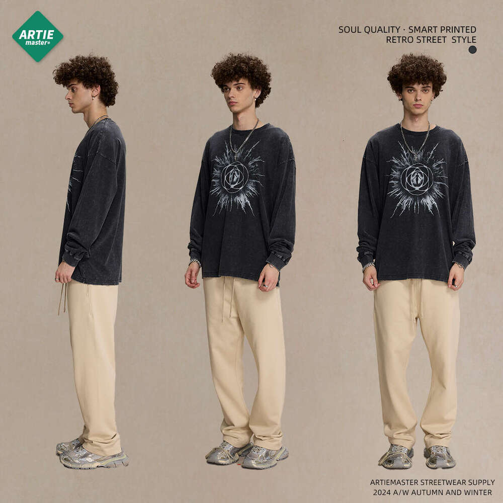 2024 Autumn Retro Washed Round Neck T-shirt for Men with Digital Direct Spray Printing Trendy Men's Long Sleeve