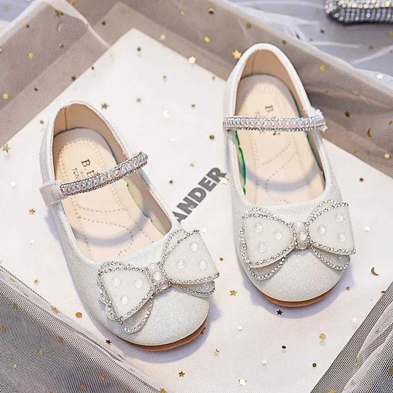 Pink Glass slipper Bows Rhinestone Girls Princess Shoes For Wedding Par Kids Leather Shoes Children Dance Performance ShoesXJ241209