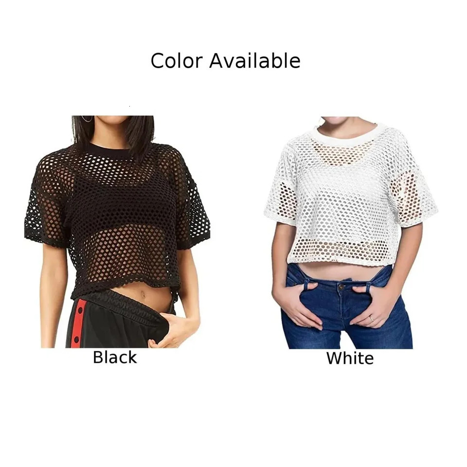 Womens Tshirt sexy fishnet vest crop top casual shirt summer street basic transparent hollow 241209