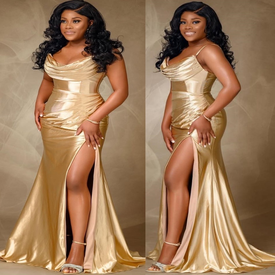 Gold Mermaid Prom Dresses 2025 Spaghetti Satin High Split Evening Formal Party Second Birthday Engagement Gowns Plus Size Dress For Special Occasions