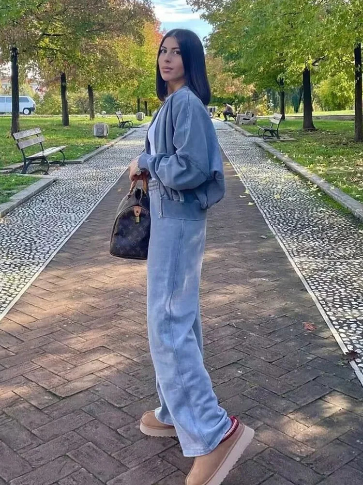 HH TRAF Bomber Jacket Pant Set For Women Casual Long Sleeve Zipper Coat Vintage Solid Sweatshirt Suit Autumn Woman Streetwear 241209