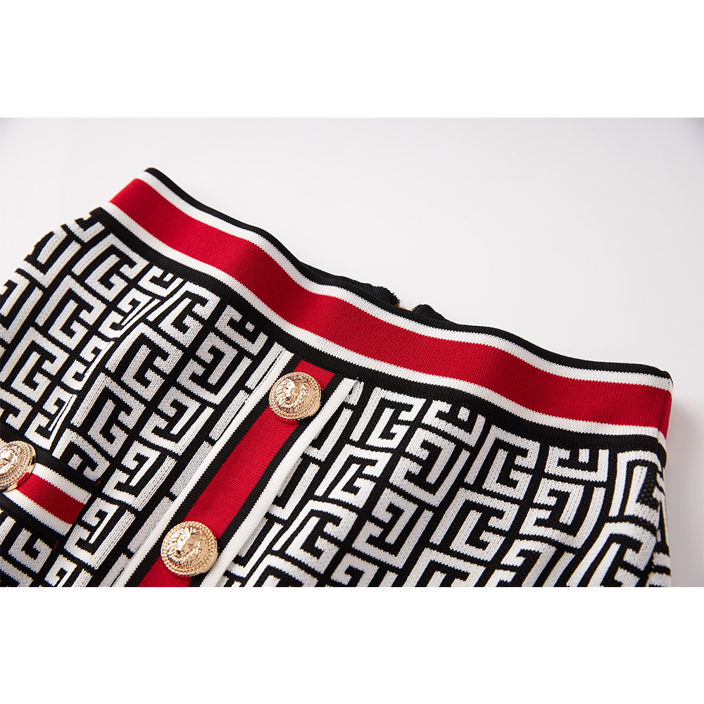 British Vintage Design Short Length Geometrical Pattern Mini Women Summer 2Pcs Skirt Sets Knitting With Shoulder Pad Top Quality