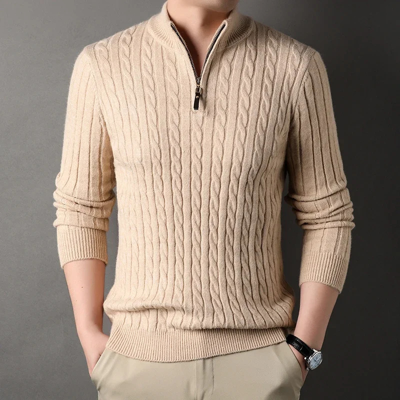 Thick Stripe Heavy Industry Mens Sweater Knitwear Half Zipper High Neck Fashion Tops 241209