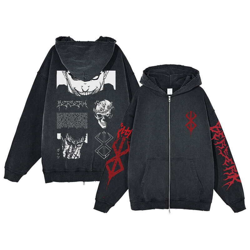Anime Berserk Acid Wash Hoodie Zip Up Men Women Fashion Long Sleeve Haruku Goth Clothing Aesthetic Streetwear Jacket Oversized