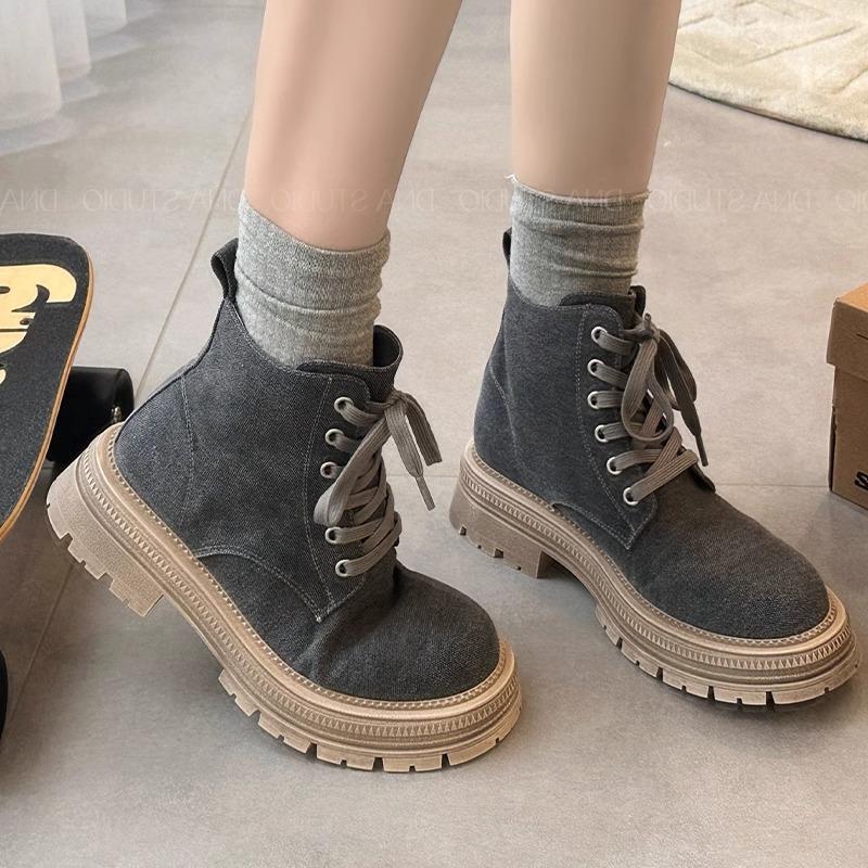 Women Boots:Thick Sole Canvas Boots 2025 Spring New Style Casual Versatile Breathable Short Boots Lace-up,Khaki/Grey,Free shipping
