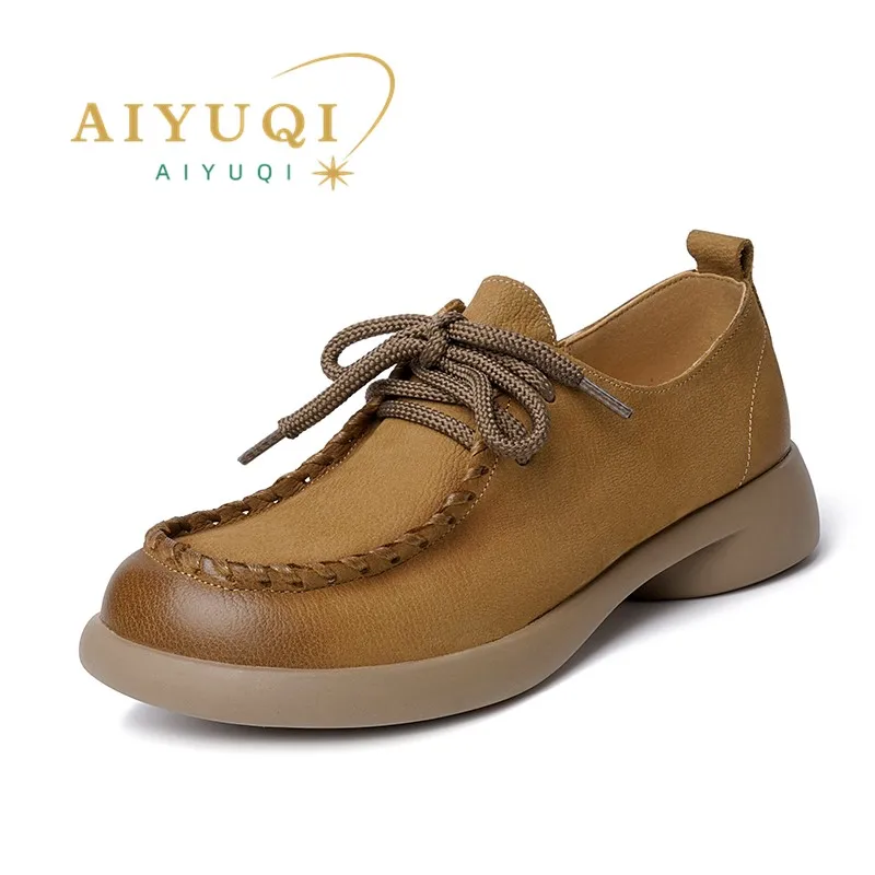 AIYUQI Women Shoes Retro Season Genuine Leather Lace-up Shoes Ladies British Style Large Size Women's Spring Shoes