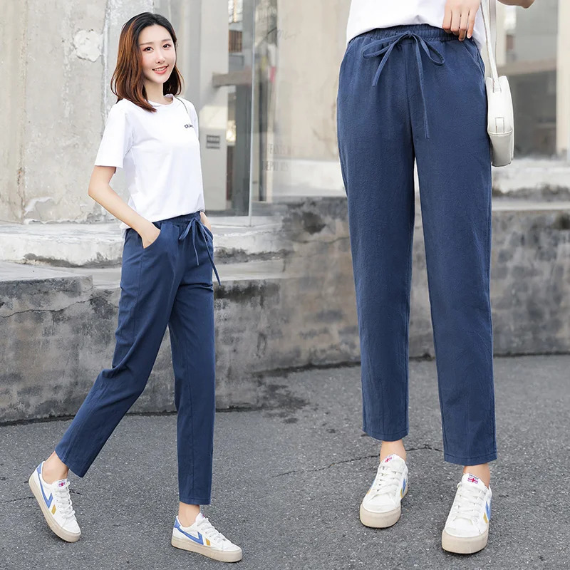 Womens Spring Summer Pants Cotton Linen Solid Elastic waist Candy Colors Harem Trousers Casual Female 241203