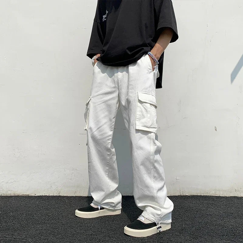 Blackwhite Casual Pants Mens Fashion Loose Straight Wide Leg Pants Men Streetwear Hip-hop Pocket Cargo Pants Mens Trousers 241209