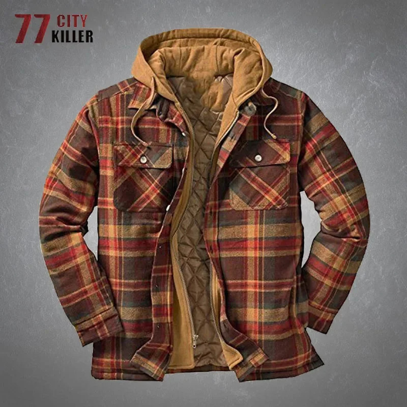 Autumn Winter Mens Plaid Hooded Jackets Harajuku Casual Padded Warm Zipper Long Sleeve Shirts Coats Male European Size S5XL 241209