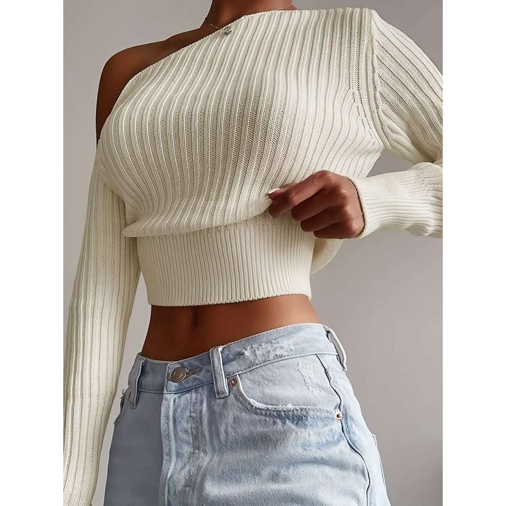 Short Sweater Women's Casual Knitted One Off Shoulder Pullover Long Sleeve Sweaters New Outerwears Autumn Slim Female Clothes