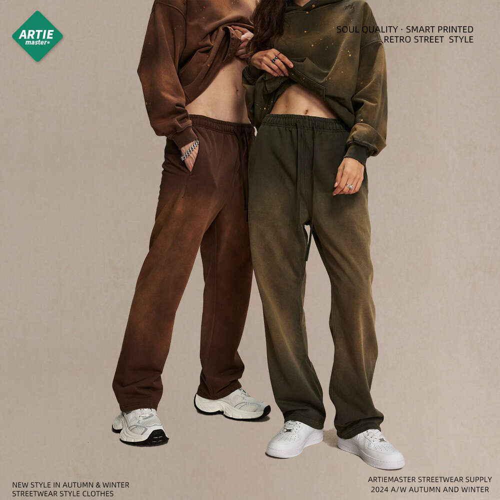 2024 autumn American fashion brand 450g spray dyed distressed with drawstring retro wash water casual loose men's sanitary pants