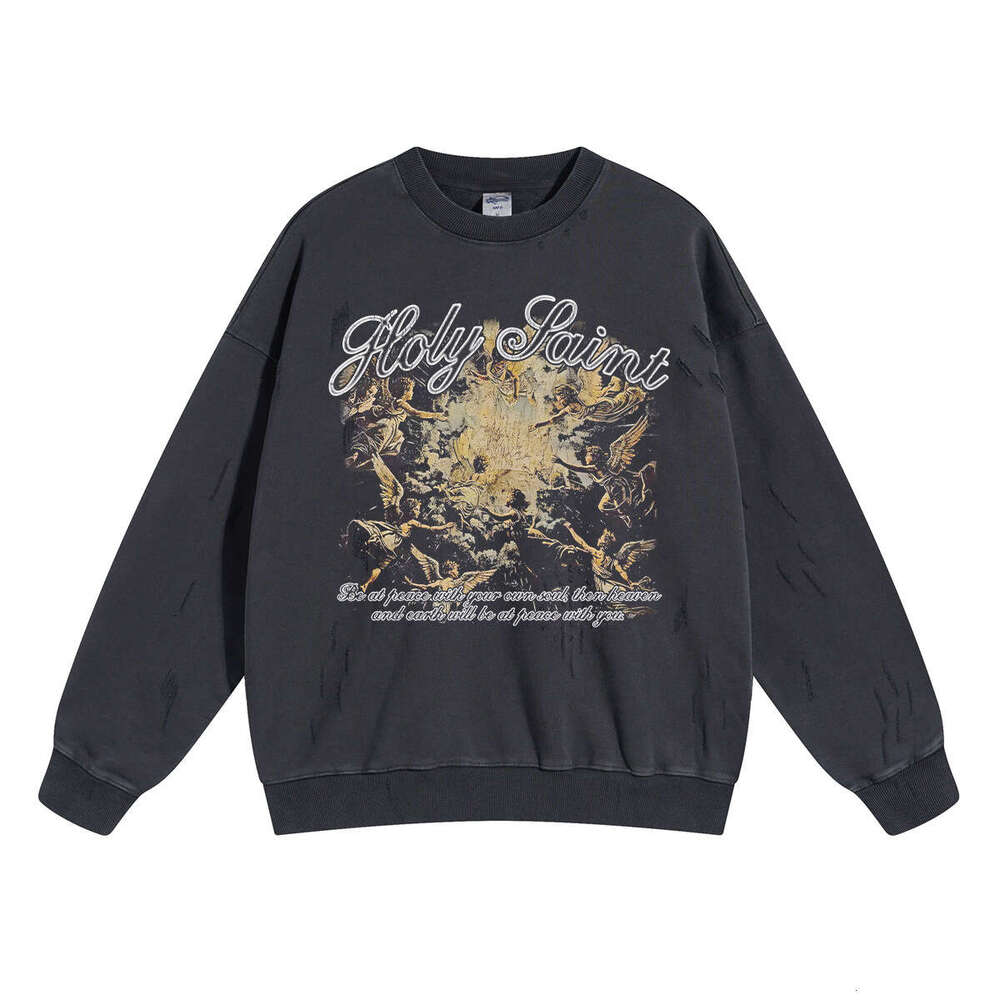 2024 New Street Trendy Brand Retro Printed for Men, 430g Grinding Edge, Broken Hole, Washed Water to Make Old Round Neck Men's Hoodie