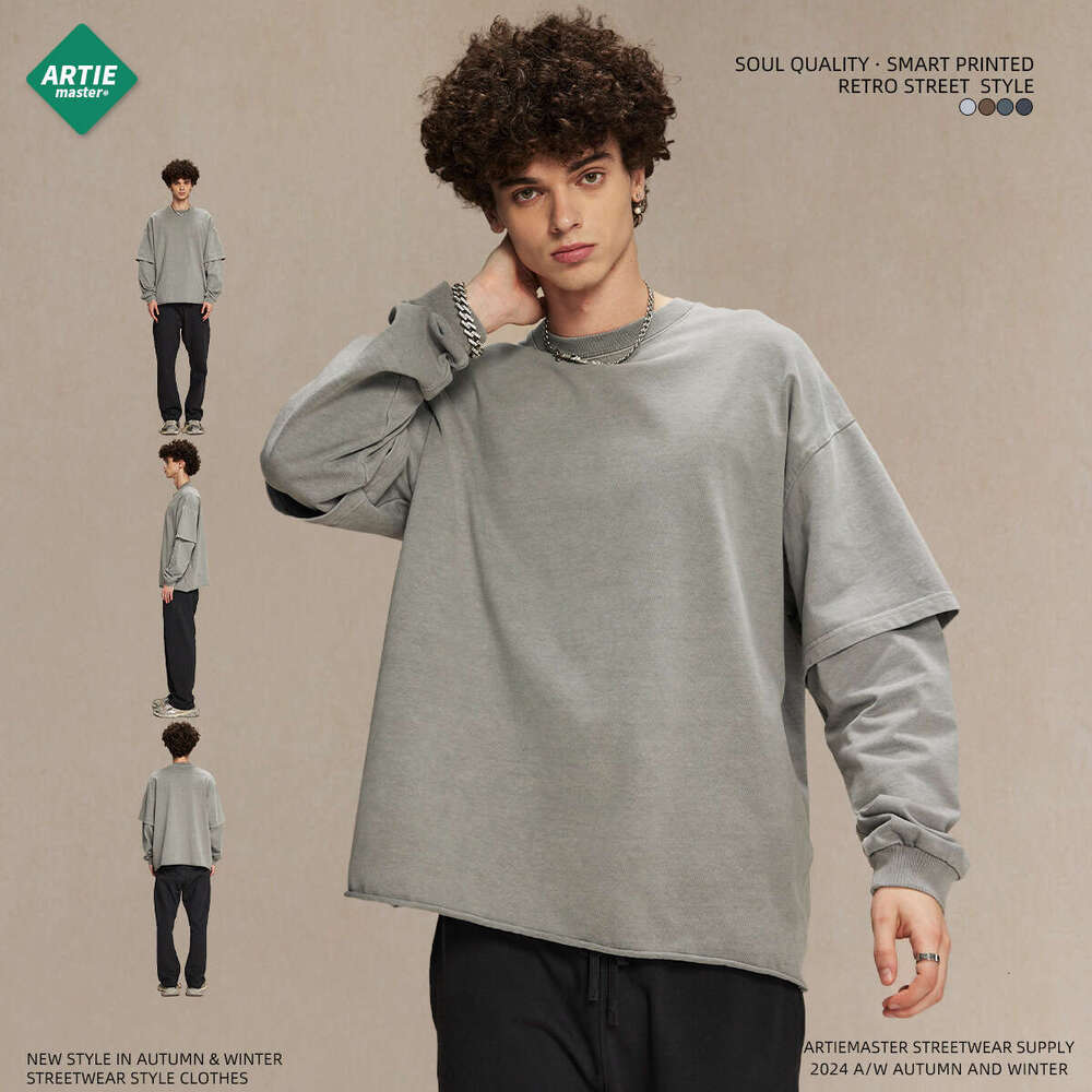 2024 Autumn Brand Retro Fake Two Piece Curled Edge Round Neck Long Sleeve T-shirt for Men, Doing Old, Dyeing, Washing, Street Trendy T