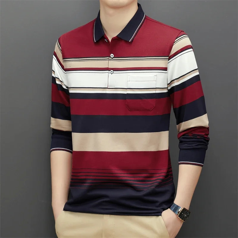 Mens Casual Long Sleeve Polo Shirt Fashion Solid Color Top 241202
