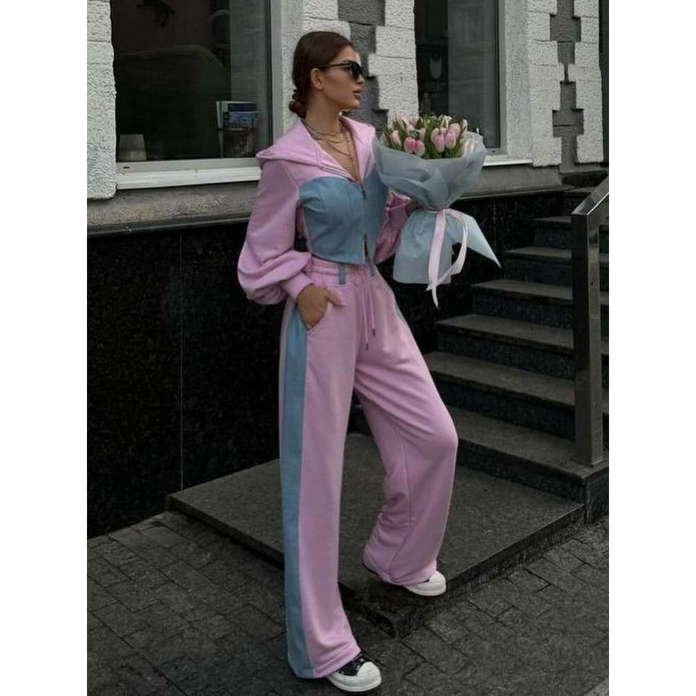 Fashion Patchwork Denim 2 Piece Sets Women Outfit Slim Hoodies Crop Top Wide Leg Sweatpants Suit Streetwear Casual Tracuits