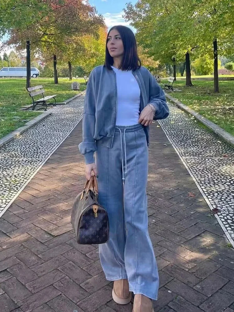 HH TRAF Bomber Jacket Pant Set For Women Casual Long Sleeve Zipper Coat Vintage Solid Sweatshirt Suit Autumn Woman Streetwear 241209