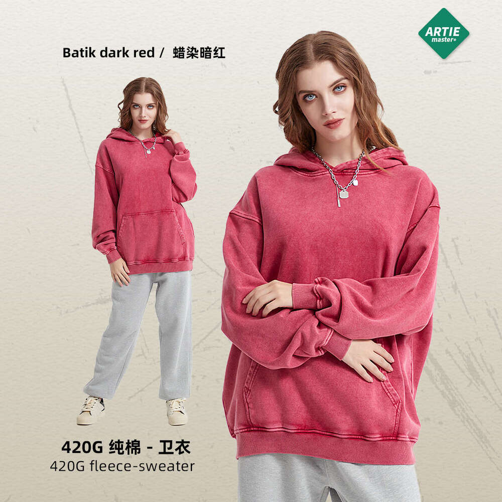 Heavy weight 420G wax printed vintage hooded sweatshirt, loose and washable men's trendy brand new sweatshirt