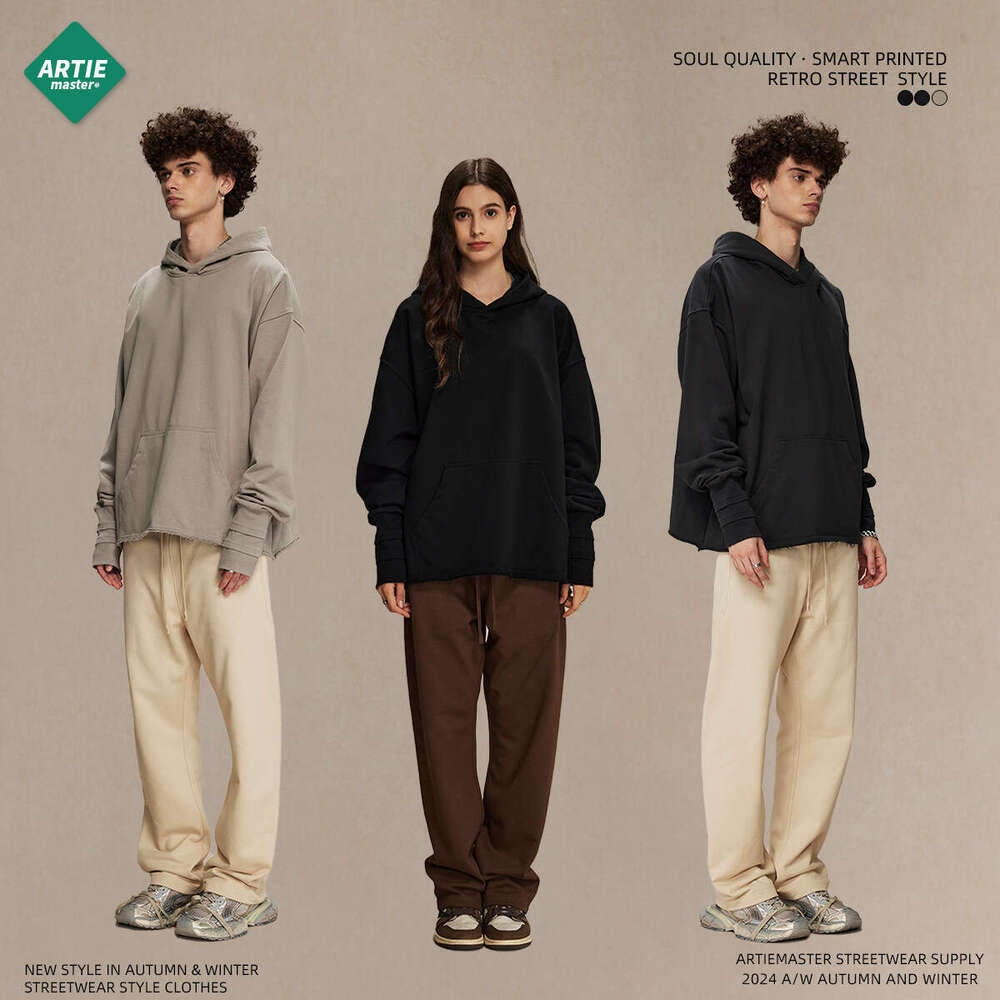 2024 Autumn/Winter Open Finger Hole Stacked Thread Sleeve American Trendy Brand Woolen Loop Destruction Curled Edge Hoodie Men's