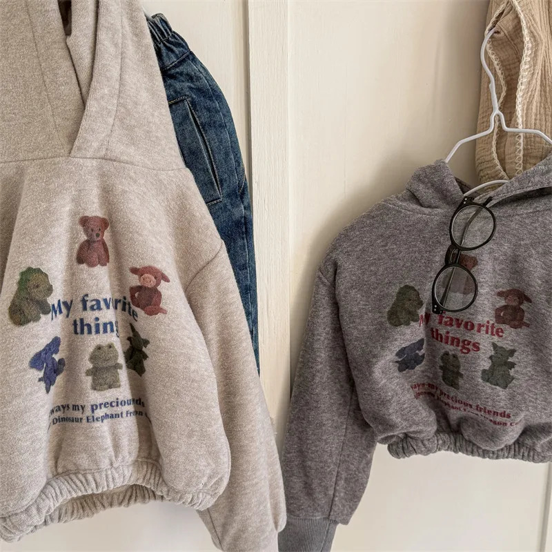Winter Childrens Wool Hoodie for Babies and Girls with Velvet Thick Cartoon Printed Zipper Childrens Casual Hoodie 241210