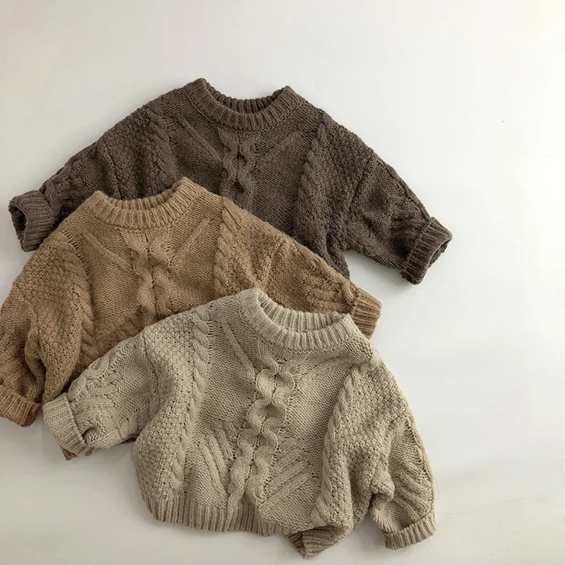 Korean style simple childrens baby sweater autumn/winter boys knitted twisted drawstring girls loose and warm knitted top 241210