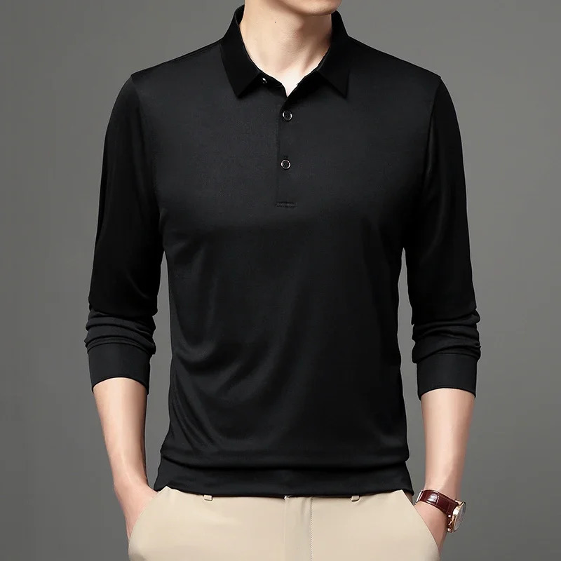 Spring and Autumn Long Sleeve Polo Shirt Collar Solid Mens Tshirt 241202